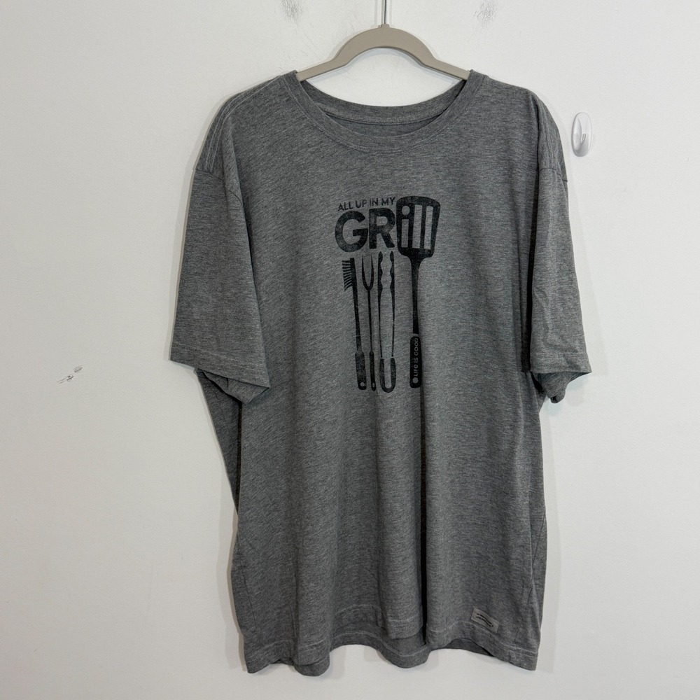 Life Is Good Mens Crusher Tee Shirt  XXL Gray All Up In My Grill Casual BBQ